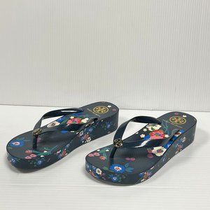 Tory Burch Dark Blue Floral Cut-Out Wedge Heel Foam Logo Flip Flops Size 8M